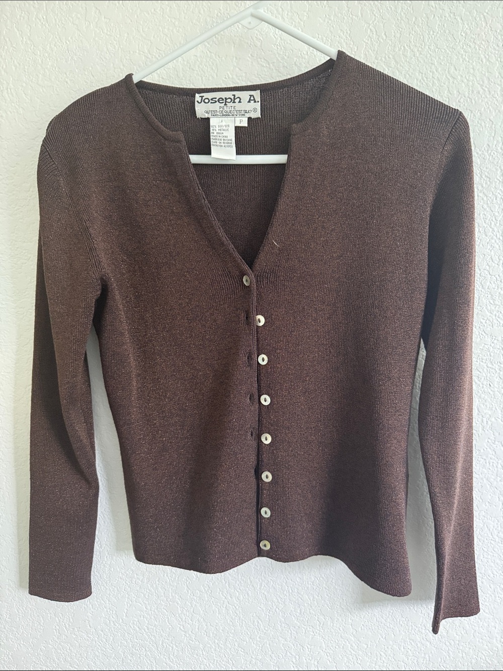 Joseph A. Silk Metallic Cardigan Brown Button-Down Lightweight V-Neck Petite